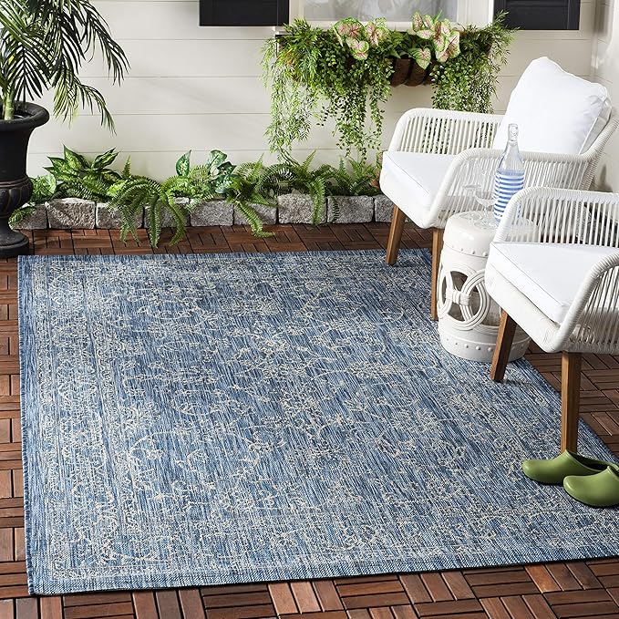 SAFAVIEH Washable Rug Outdoor Courtyard Collection - 4' Square, Navy & Ivory, Non-Shedding & Easy Cleaning, Ideal for Patio, Backyard, Mudroom (CY8680-36821)