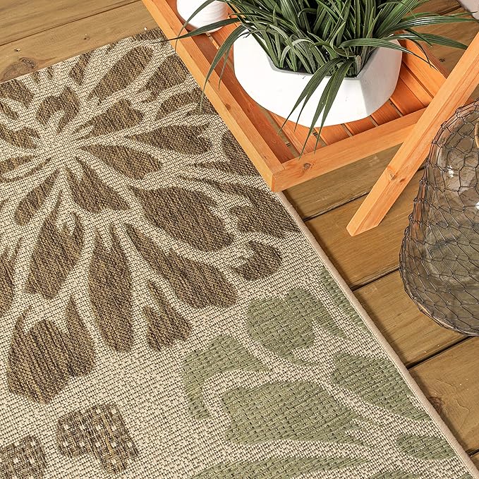 JONATHAN Y Floral Textured Weave Indoor Outdoor Area Rug 6X9 Sage/Brown, Zinnia Modern for Backyard, Patio, Porch, Easy-Cleaning, High Traffic, Pet-Friendly, Non-Shedding (SMB110A-6)