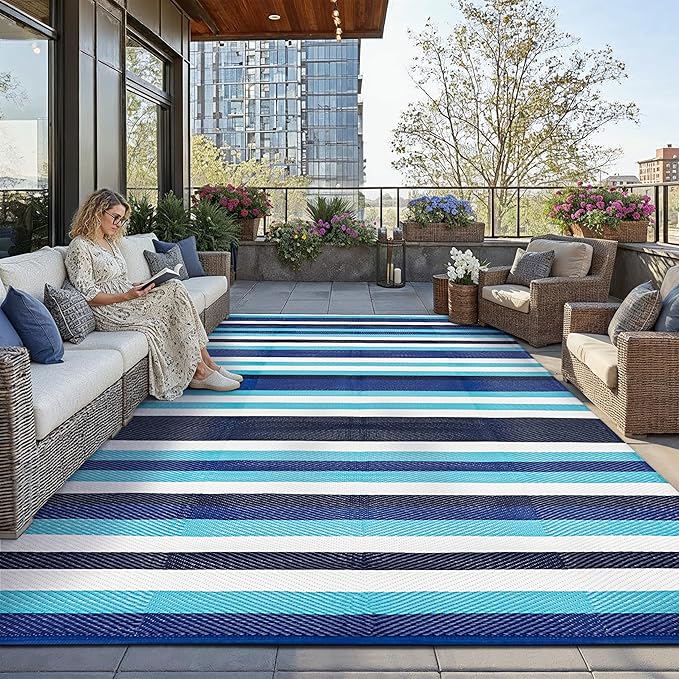HUGEAR Outdoor Waterproof Rug 10'x14' Plastic Straw Rugs Washable Reversible Floor Mat Blue Stripe Carpet for Camping RV Deck Entryance Porch Picnic Balcony Beach Backyard