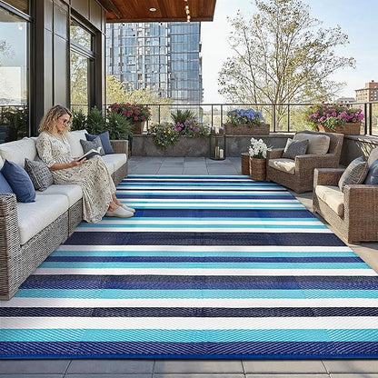 HUGEAR Outdoor Waterproof Rug 10'x14' Plastic Straw Rugs Washable Reversible Floor Mat Blue Stripe Carpet for Camping RV Deck Entryance Porch Picnic Balcony Beach Backyard