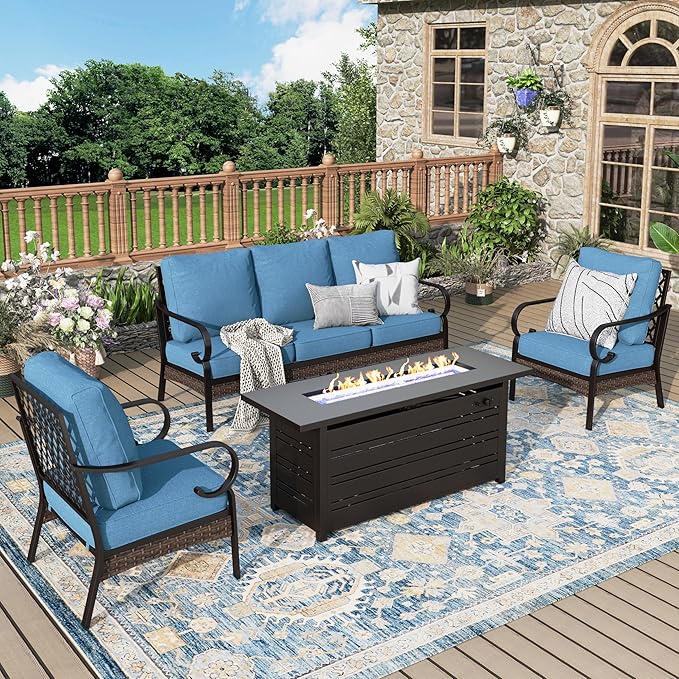 Patio Furniture Set with Firepit Table, Black Frame Outdoor Conversation Set with 2 x Fixed Chairs, 1 x 3-Seat Sofa for Lawn Garden Backyard, Navy Blue