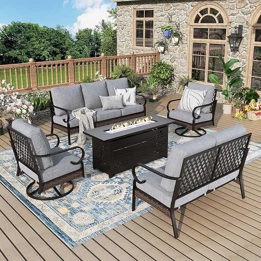 Patio Furniture Set with Firepit Table, Black Frame Outdoor Conversation Set with 2 x Swivel Chairs, 1 x 2-Seat Sofa, 1 x 3-Seat Sofa for Lawn Garden Backyard, Grey