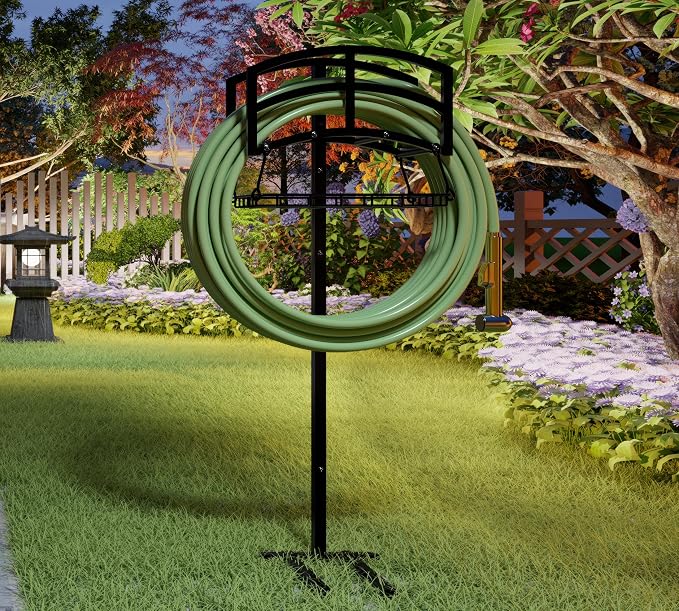 Fire Beauty Garden Hose Holder with Storage Basket,Heavy-Duty,80+ lb Capacity,Rust-Proof Stainless Steel,Organizes 150ft Hose for Patio,Yard, or Garage