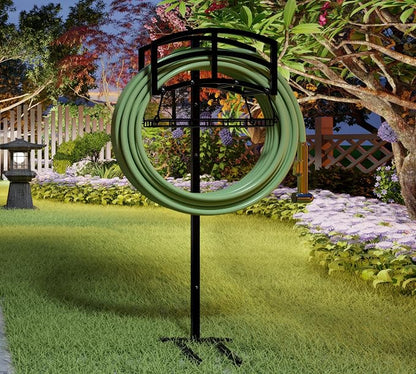 Fire Beauty Garden Hose Holder with Storage Basket,Heavy-Duty,80+ lb Capacity,Rust-Proof Stainless Steel,Organizes 150ft Hose for Patio,Yard, or Garage