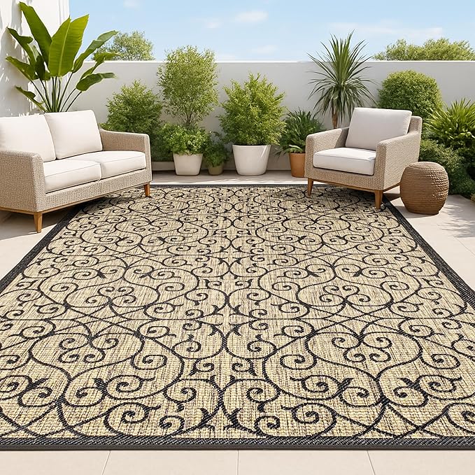 JONATHAN Y Vintage Filigree Indoor Outdoor Area Rug 4X6 Black/Khaki, Madrid Textured Weave for Backyard, Patio, Porch, Easy-Cleaning, High Traffic, Pet-Friendly, Non-Shedding (SMB107A-4)