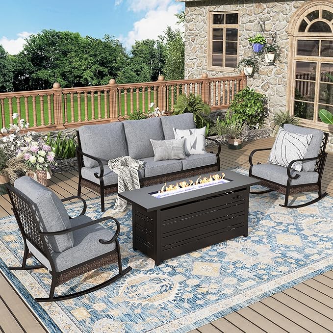 Patio Furniture Set with Firepit Table, Black Frame Outdoor Conversation Set with 2 x Rocking Chairs, 1 x 3-Seat Sofa for Lawn Garden Backyard, Grey