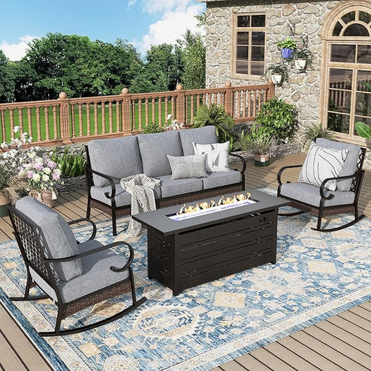 Patio Furniture Set with Firepit Table, Black Frame Outdoor Conversation Set with 2 x Rocking Chairs, 1 x 3-Seat Sofa for Lawn Garden Backyard, Grey