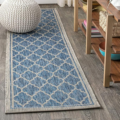 JONATHAN Y Moroccan Trellis Indoor Outdoor Runner Rug 2X8 Navy/Gray, Trebol Textured Weave for Backyard, Patio, Porch, Easy-Cleaning, High Traffic, Pet-Friendly, Non-Shedding (SMB109D-28)
