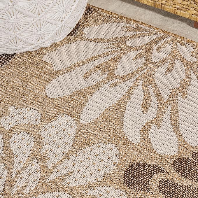JONATHAN Y Floral Textured Weave Indoor Outdoor Round Area Rug 6 Ft Brown/Cream, Zinnia Modern for Backyard, Patio, Porch, Easy-Cleaning, High Traffic, Pet-Friendly, Non-Shedding (SMB110I-6R)