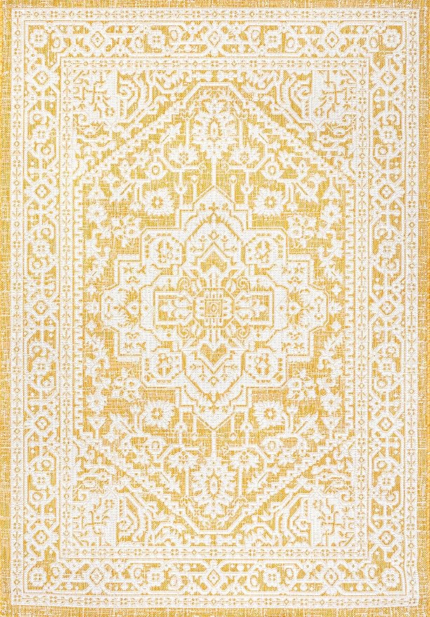 JONATHAN Y Medallion Weave Indoor Outdoor Area Rug 9X12 Yellow/Cream, Sinjuri Textured for Backyard, Patio, Porch, Easy-Cleaning, High Traffic, Pet-Friendly, Non-Shedding (SMB101I-9)