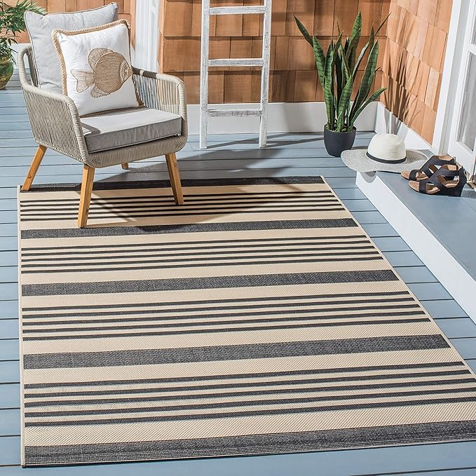 SAFAVIEH Washable Rug Outdoor Courtyard Collection - 7'10" Square, Black & Bone, Non-Shedding & Easy Cleaning, Ideal for Patio, Backyard, Mudroom (CY6062-216)