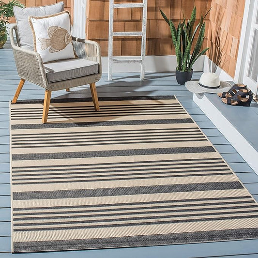 SAFAVIEH Washable Rug Outdoor Courtyard Collection - 7'10" Square, Black & Bone, Non-Shedding & Easy Cleaning, Ideal for Patio, Backyard, Mudroom (CY6062-216)