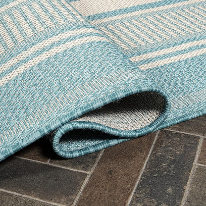 JONATHAN Y Double Stripe Indoor Outdoor Runner Rug 2X8 Aqua/Beige, Haynes Modern for Backyard, Patio, Porch, Easy-Cleaning, High Traffic, Pet-Friendly, Non-Shedding (SMB202A-28)