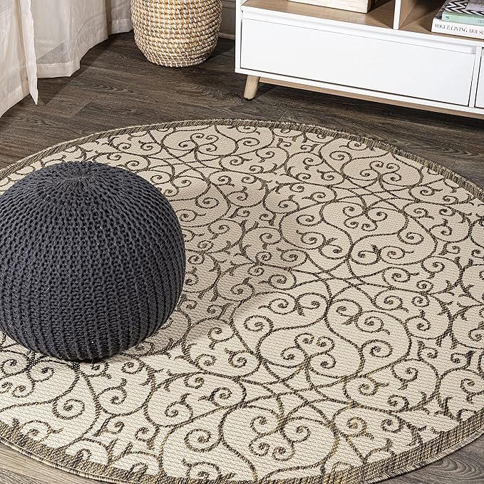JONATHAN Y Vintage Filigree Indoor Outdoor Round Area Rug 5 Ft Beige/Brown, Madrid Textured Weave for Backyard, Patio, Porch, Easy-Cleaning, High Traffic, Pet-Friendly, Non-Shedding (SMB107B-5R)