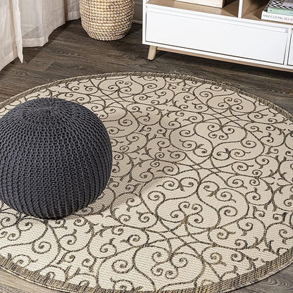 JONATHAN Y Vintage Filigree Indoor Outdoor Round Area Rug 5 Ft Beige/Brown, Madrid Textured Weave for Backyard, Patio, Porch, Easy-Cleaning, High Traffic, Pet-Friendly, Non-Shedding (SMB107B-5R)