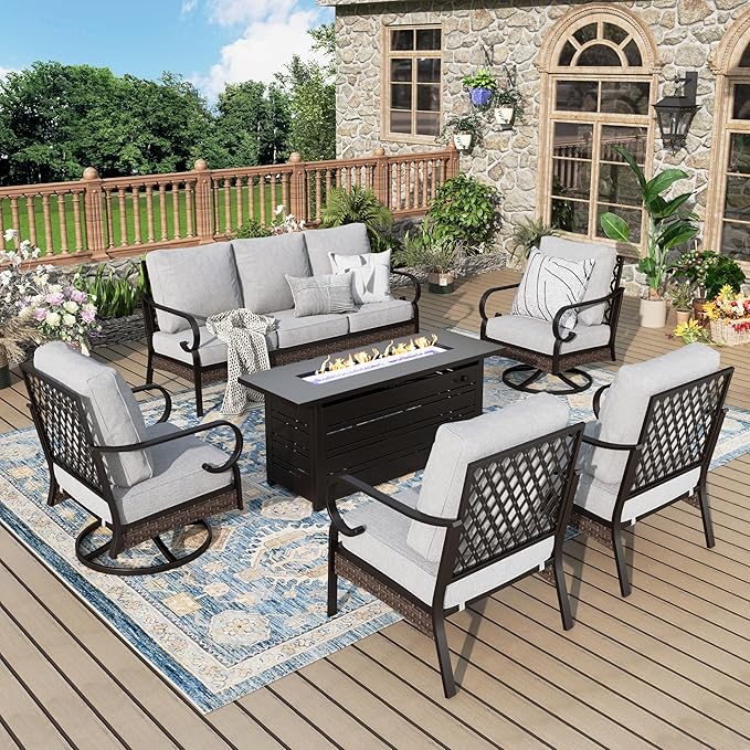 Patio Furniture Set with Firepit Table, Black Frame Outdoor Conversation Set with 2 x Fixed Chairs, 2 x Swivel Chairs, 1 x 3-Seat Sofa for Lawn Garden Backyard, Light Grey