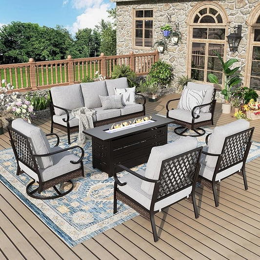 Patio Furniture Set with Firepit Table, Black Frame Outdoor Conversation Set with 2 x Fixed Chairs, 2 x Swivel Chairs, 1 x 3-Seat Sofa for Lawn Garden Backyard, Light Grey