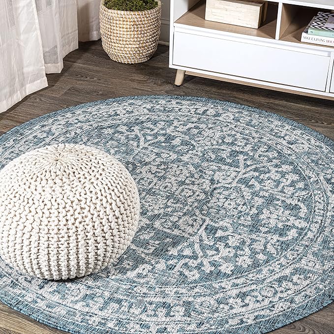 JONATHAN Y Boho Medallion Indoor Outdoor Round Area Rug 4 Ft Teal/Gray, Malta Textured Weave for Backyard, Patio, Porch, Easy-Cleaning, High Traffic, Pet-Friendly, Non-Shedding (SMB104B-4R)
