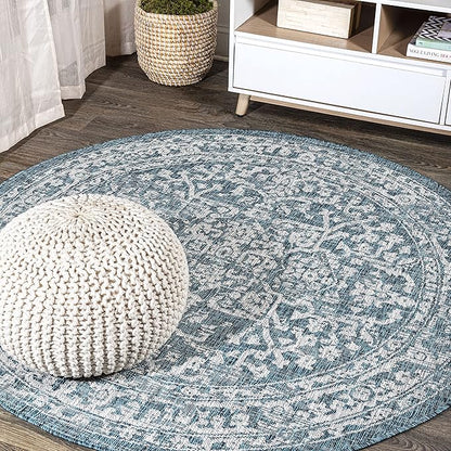 JONATHAN Y Boho Medallion Indoor Outdoor Round Area Rug 4 Ft Teal/Gray, Malta Textured Weave for Backyard, Patio, Porch, Easy-Cleaning, High Traffic, Pet-Friendly, Non-Shedding (SMB104B-4R)