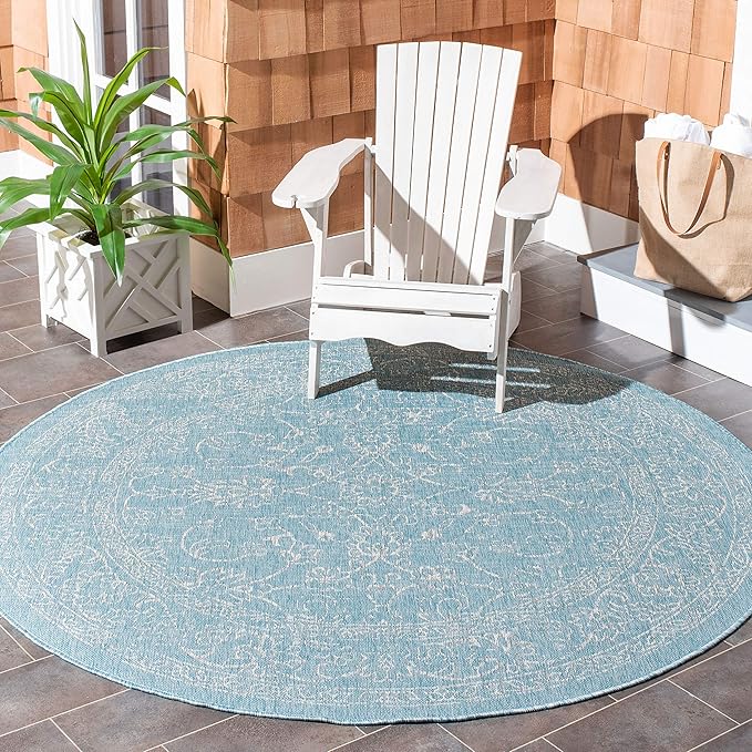 SAFAVIEH Washable Rug Outdoor Courtyard Collection - 5'3" Round, Aqua Blue & Grey, Non-Shedding & Easy Cleaning, Ideal for Patio, Backyard, Mudroom (CY8680-37121)