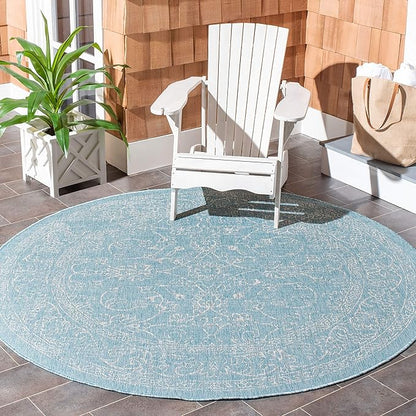 SAFAVIEH Washable Rug Outdoor Courtyard Collection - 5'3" Round, Aqua Blue & Grey, Non-Shedding & Easy Cleaning, Ideal for Patio, Backyard, Mudroom (CY8680-37121)