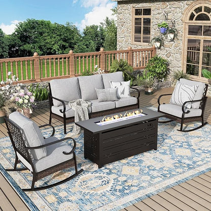 Patio Furniture Set with Firepit Table, Black Frame Outdoor Conversation Set with 2 x Rocking Chairs, 1 x 3-Seat Sofa for Lawn Garden Backyard, Light Grey