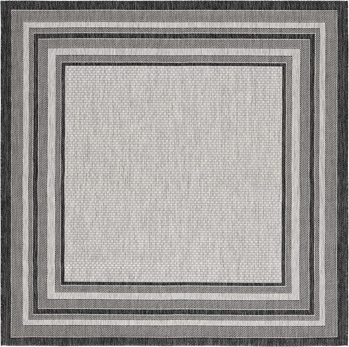 SAFAVIEH Washable Rug Outdoor Courtyard Collection - 7'10" Square, Light Grey & Black, Non-Shedding & Easy Cleaning, Ideal for Patio, Backyard, Mudroom (CY8475-37612)