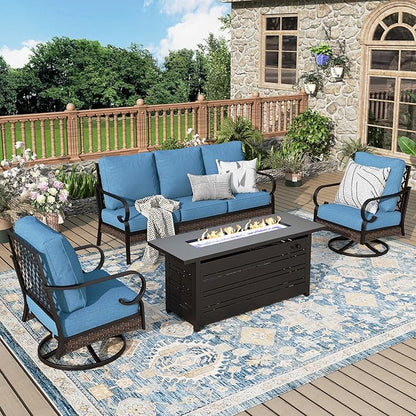 Patio Furniture Set with Firepit Table, Black Frame Outdoor Conversation Set with 2 x Swivel Chairs, 1 x 3-Seat Sofa for Lawn Garden Backyard, Navy Blue