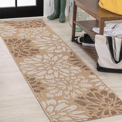 JONATHAN Y Floral Textured Weave Indoor Outdoor Runner Rug 2X8 Brown/Cream, Zinnia Modern for Backyard, Patio, Porch, Easy-Cleaning, High Traffic, Pet-Friendly, Non-Shedding (SMB110I-28)