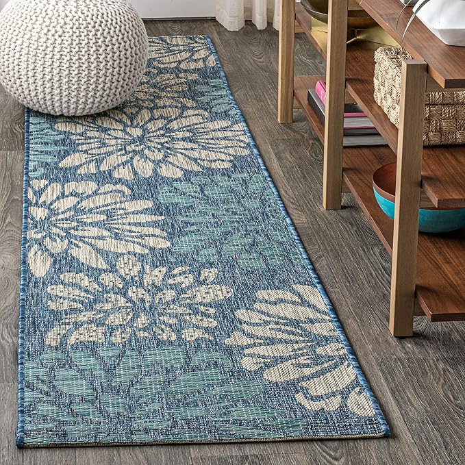 JONATHAN Y Floral Textured Weave Indoor Outdoor Runner Rug 2X10 Navy/Aqua, Zinnia Modern for Backyard, Patio, Porch, Easy-Cleaning, High Traffic, Pet-Friendly, Non-Shedding (SMB110C-210)