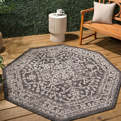 JONATHAN Y Boho Medallion Indoor Outdoor Octagon Area Rug 5 Ft Black/Gray, Malta Textured Weave for Backyard, Patio, Porch, Easy-Cleaning, High Traffic, Pet-Friendly, Non-Shedding (SMB104C-5TGN)