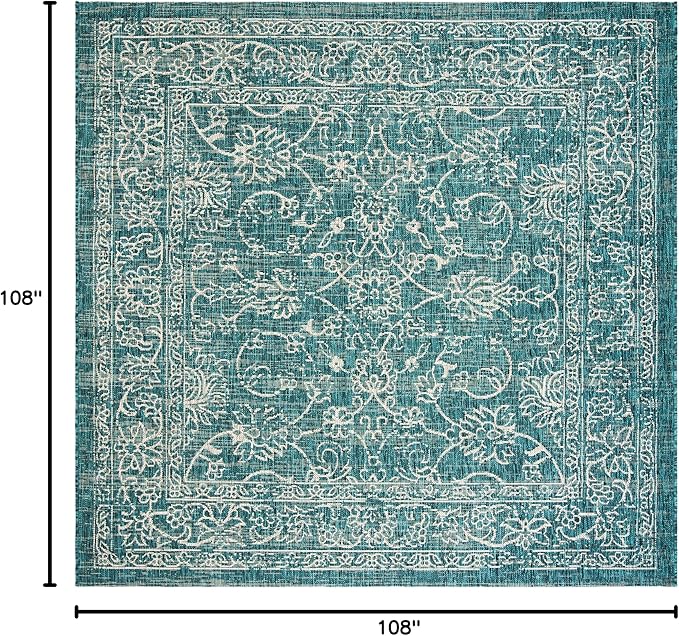 SAFAVIEH Washable Rug Outdoor Courtyard Collection - 9' Square, Turquoise, Non-Shedding & Easy Cleaning, Ideal for Patio, Backyard, Mudroom (CY8680-37221)
