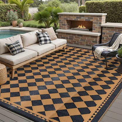 HUGEAR Outdoor Waterproof Rug 9'x12' Plastic Straw Rugs Washable Reversible Floor Mat Brown Plaid Carpet for Camping RV Deck Entryance Porch Picnic Balcony Beach Backyard