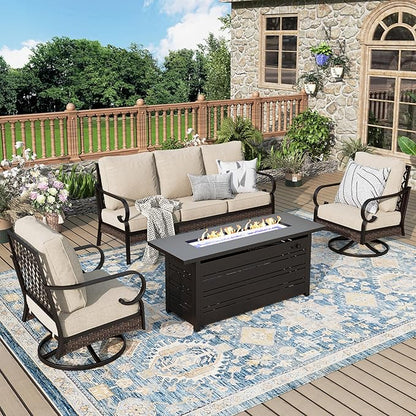 Patio Furniture Set with 56'' Fire Pit Table, Black Frame Outdoor Conversation Set with 2 x Swivel Chairs, 1 x 3-Seat Sofa for Lawn Garden Backyard, Beige