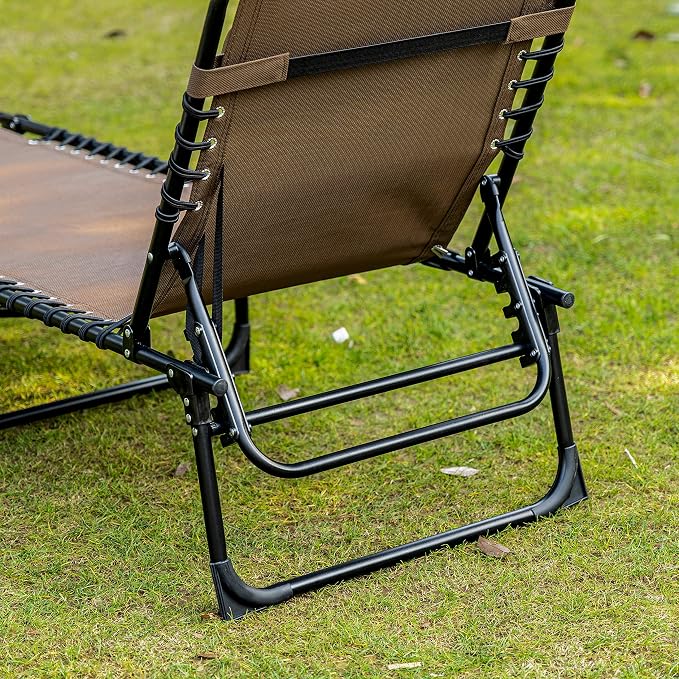 Outdoor Lounge Chair, Tanning Chair with Sunshade Roof, Adjustable Backrest Folding Chaise Lounge with Pillow Headrest for Outside, Beach, Camping, Hiking (No Sunshade Roof, Brown)