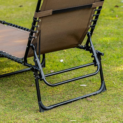 Outdoor Lounge Chair, Tanning Chair with Sunshade Roof, Adjustable Backrest Folding Chaise Lounge with Pillow Headrest for Outside, Beach, Camping, Hiking (No Sunshade Roof, Brown)