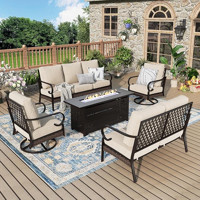 Patio Furniture Set with 56'' Firepit Table, Black Frame Outdoor Conversation Set with 2 x Swivel Chairs, 1 x 2-Seat Sofa, 1 x 3-Seat Sofa for Lawn Garden Backyard, Beige