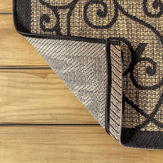 JONATHAN Y Vintage Filigree Indoor Outdoor Area Rug 4X6 Black/Khaki, Madrid Textured Weave for Backyard, Patio, Porch, Easy-Cleaning, High Traffic, Pet-Friendly, Non-Shedding (SMB107A-4)