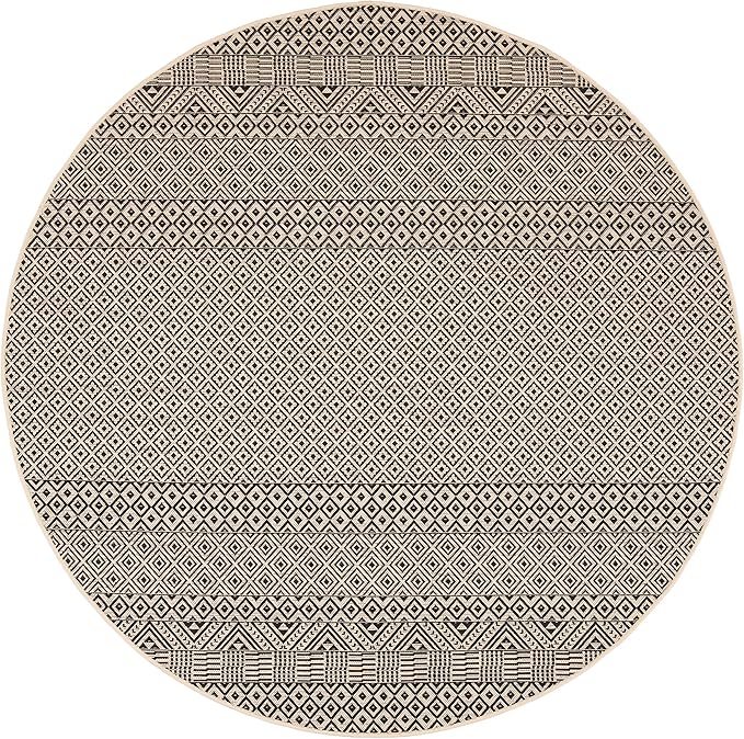 SAFAVIEH Courtyard Collection 5'3" Round Beige/Black CY6235 Moroccan Indoor/ Outdoor Waterproof Easy Cleaning Patio Backyard Mudroom Area Rug