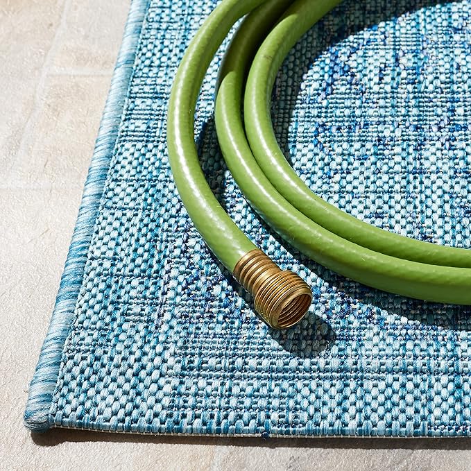 SAFAVIEH Washable Rug Outdoor Courtyard Collection - 6'7" Square, Aqua Blue & Navy, Non-Shedding & Easy Cleaning, Ideal for Patio, Backyard, Mudroom (CY8680-39412)