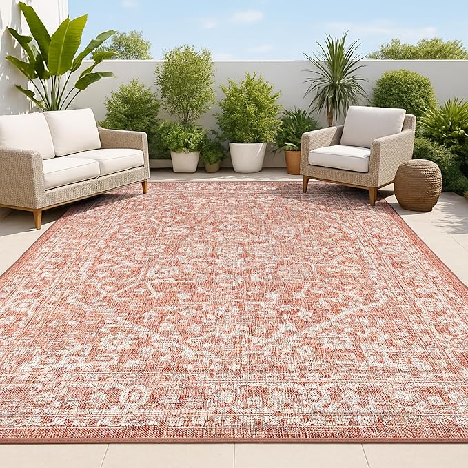 JONATHAN Y Boho Medallion Indoor Outdoor Area Rug 8X10 Red/Taupe, Malta Textured Weave for Backyard, Patio, Porch, Easy-Cleaning, High Traffic, Pet-Friendly, Non-Shedding (SMB104A-8)