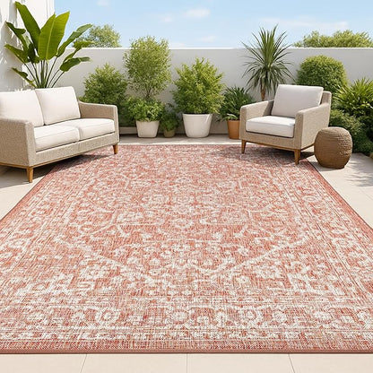 JONATHAN Y Boho Medallion Indoor Outdoor Area Rug 8X10 Red/Taupe, Malta Textured Weave for Backyard, Patio, Porch, Easy-Cleaning, High Traffic, Pet-Friendly, Non-Shedding (SMB104A-8)
