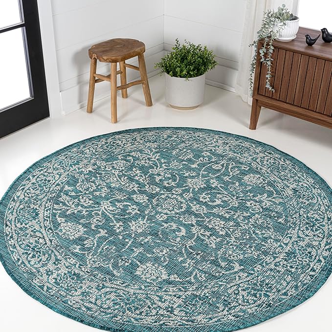 JONATHAN Y Weave Floral Indoor Outdoor Round Area Rug 4 Ft Teal/Gray, Tela Bohemian Textured for Backyard, Patio, Porch, Easy-Cleaning, High Traffic, Pet-Friendly, Non-Shedding (SMB100C-4R)