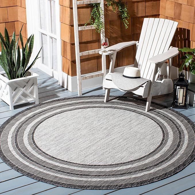 SAFAVIEH Washable Rug Outdoor Courtyard Collection - 10' Round, Light Grey & Black, Non-Shedding & Easy Cleaning, Ideal for Patio, Backyard, Mudroom (CY8475-37612)