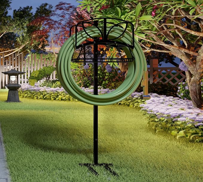Fire Beauty Garden Hose Holder with Storage Basket,Heavy-Duty,80+ lb Capacity,Rust-Proof Stainless Steel,Organizes 150ft Hose for Patio&Yard,Leaf Design