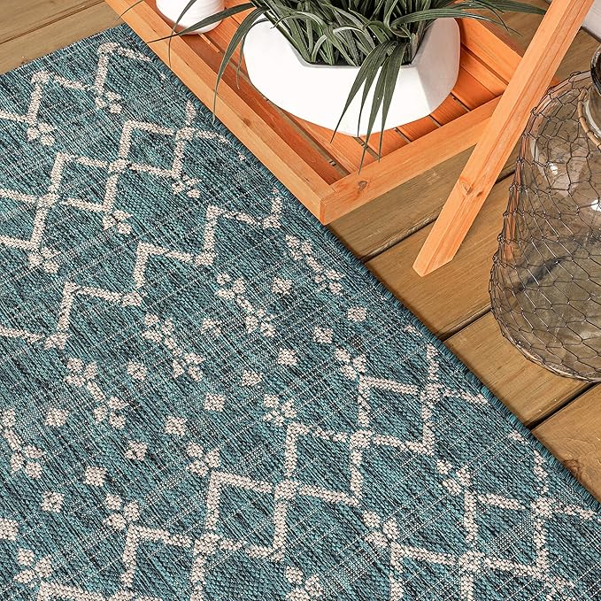 JONATHAN Y Moroccan Geometric Indoor Outdoor Runner Rug 2X10 Teal/Gray, Ourika Textured Weave for Backyard, Patio, Porch, Easy-Cleaning, High Traffic, Pet-Friendly, Non-Shedding (SMB108C-210)