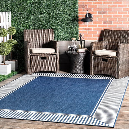 nuLOOM 8' Square Outdoor Area Rug, Casual Design with Striped Border, Stain Resistant, Highly Durable, for Patio, Balcony, Bedroom, Living Room, Dining Room, Bathroom, Navy