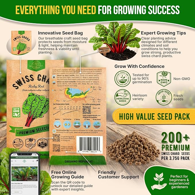 Organo Republic Swiss Chard Ruby Red Seeds Pack 3.75G - Over 200 Non-GMO Heirloom Swiss Chard Seeds for Planting Greens in Individual Seed Packet, Greens Seed for Planting Home Garden Indoor & Outdoor