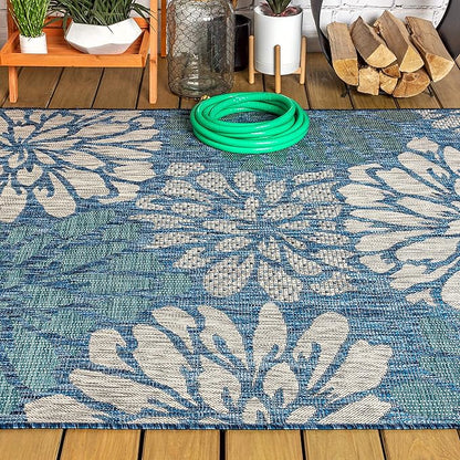 JONATHAN Y Floral Textured Weave Indoor Outdoor Area Rug 5X8 Navy/Aqua, Zinnia Modern for Backyard, Patio, Porch, Easy-Cleaning, High Traffic, Pet-Friendly, Non-Shedding (SMB110C-5)