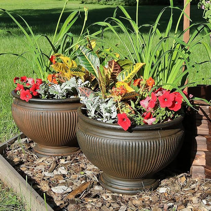 Sunnydaze Elizabeth 16" Double-Walled Polyresin Ribbed Urn Outdoor Planter - UV-Resistant Rust Finish - Set of 4